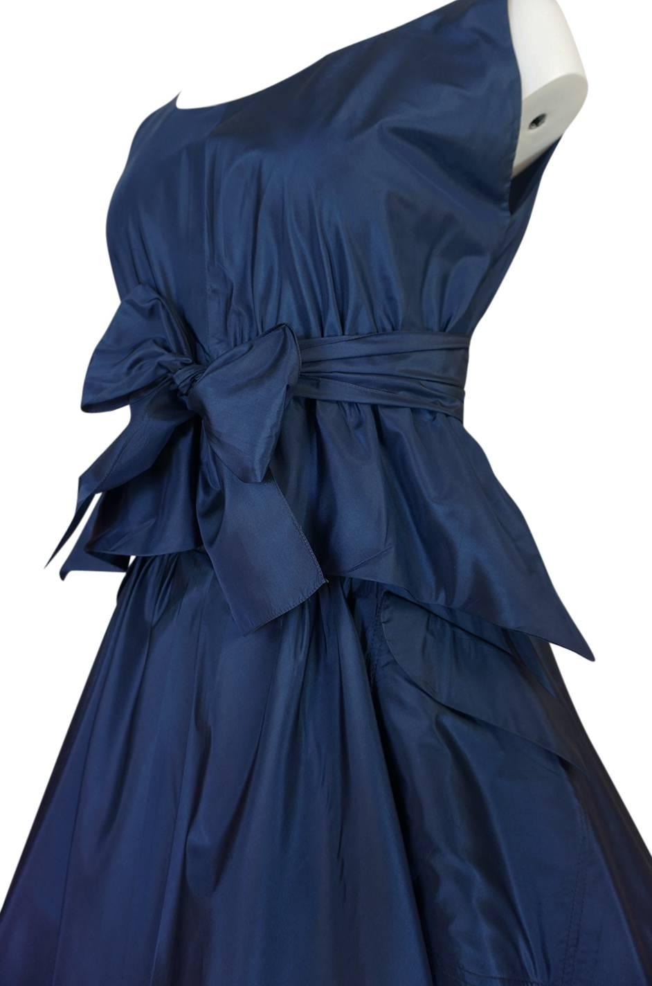 1950s Pauline Trigere Blue Silk Taffeta Cocktail Skirt, Top & Sash 5
