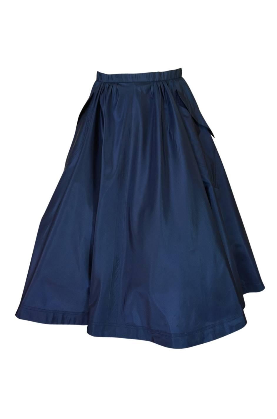 1950s Pauline Trigere Blue Silk Taffeta Cocktail Skirt, Top & Sash 6