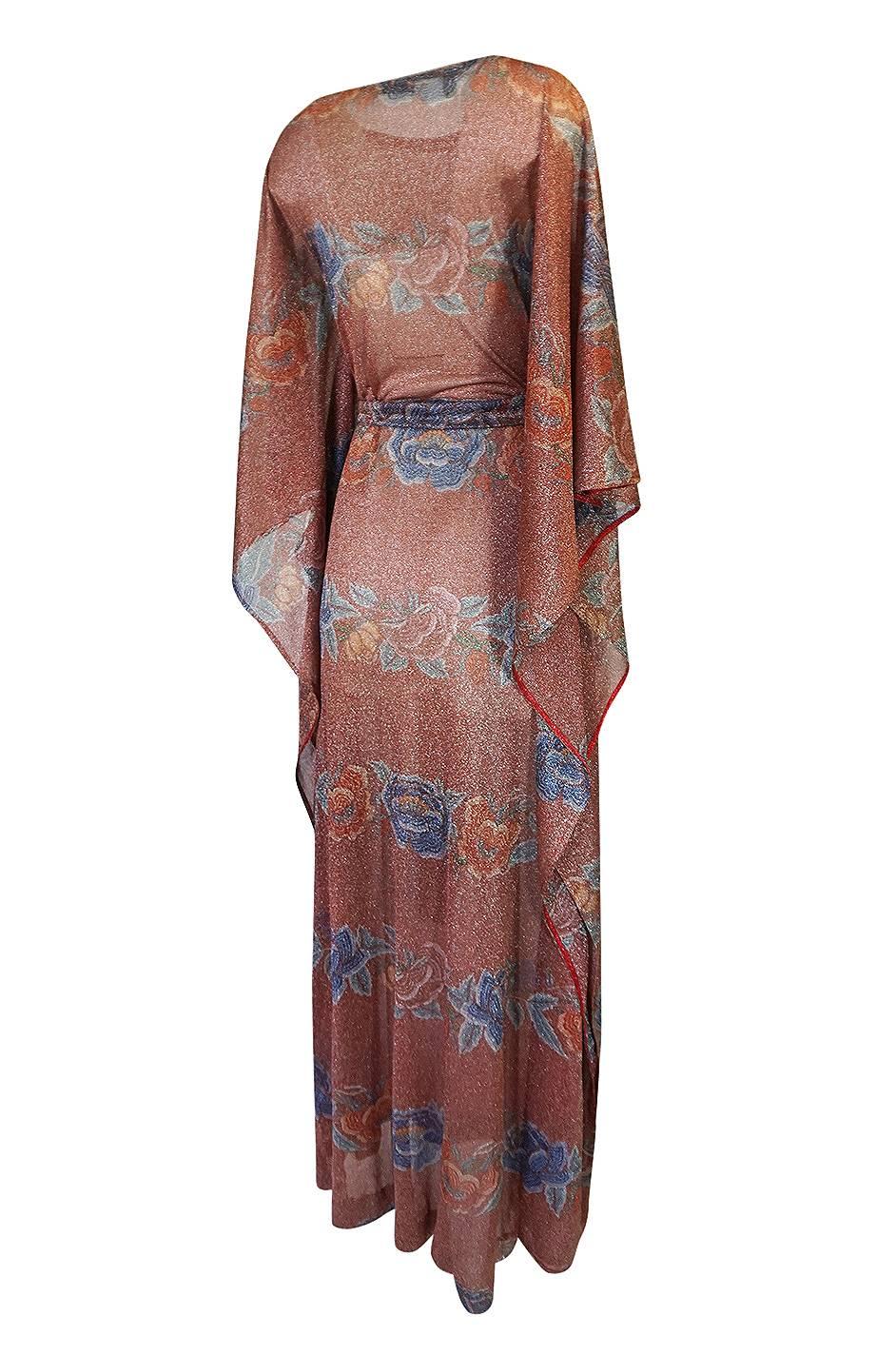 This is one of the holy grails when looking for and finding vintage Missoni. It is a metallic lurex floral caftan dress. Similar, but less dramatic pieces with this floral print appeared in the 1972-73 season in Vogue and telegraph magazine and I