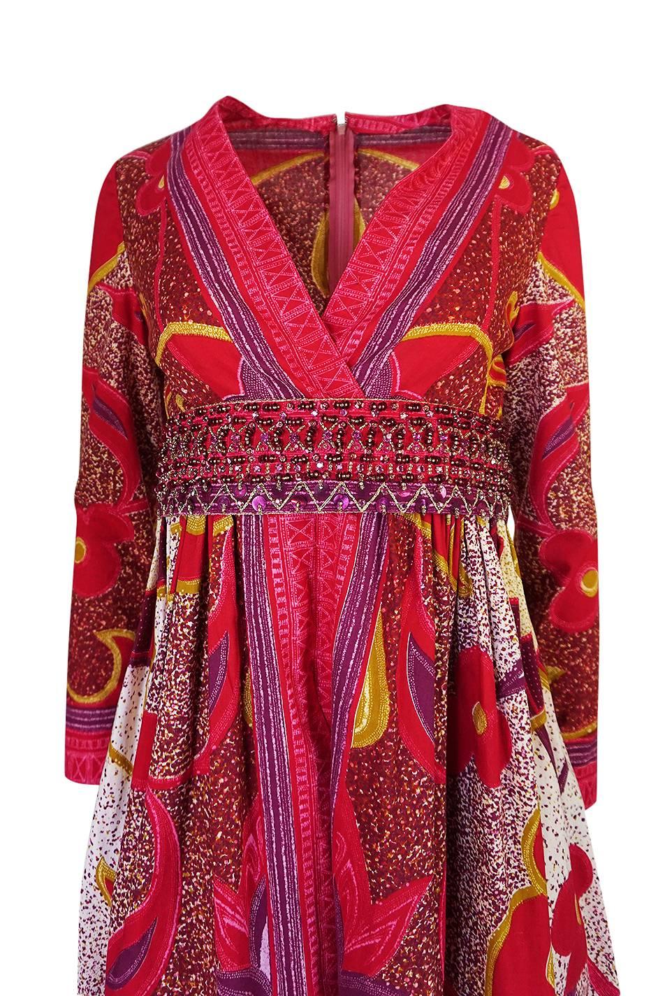 Women's 1960s Malcolm Starr Batik Print Dress w Heavily Beaded Belt