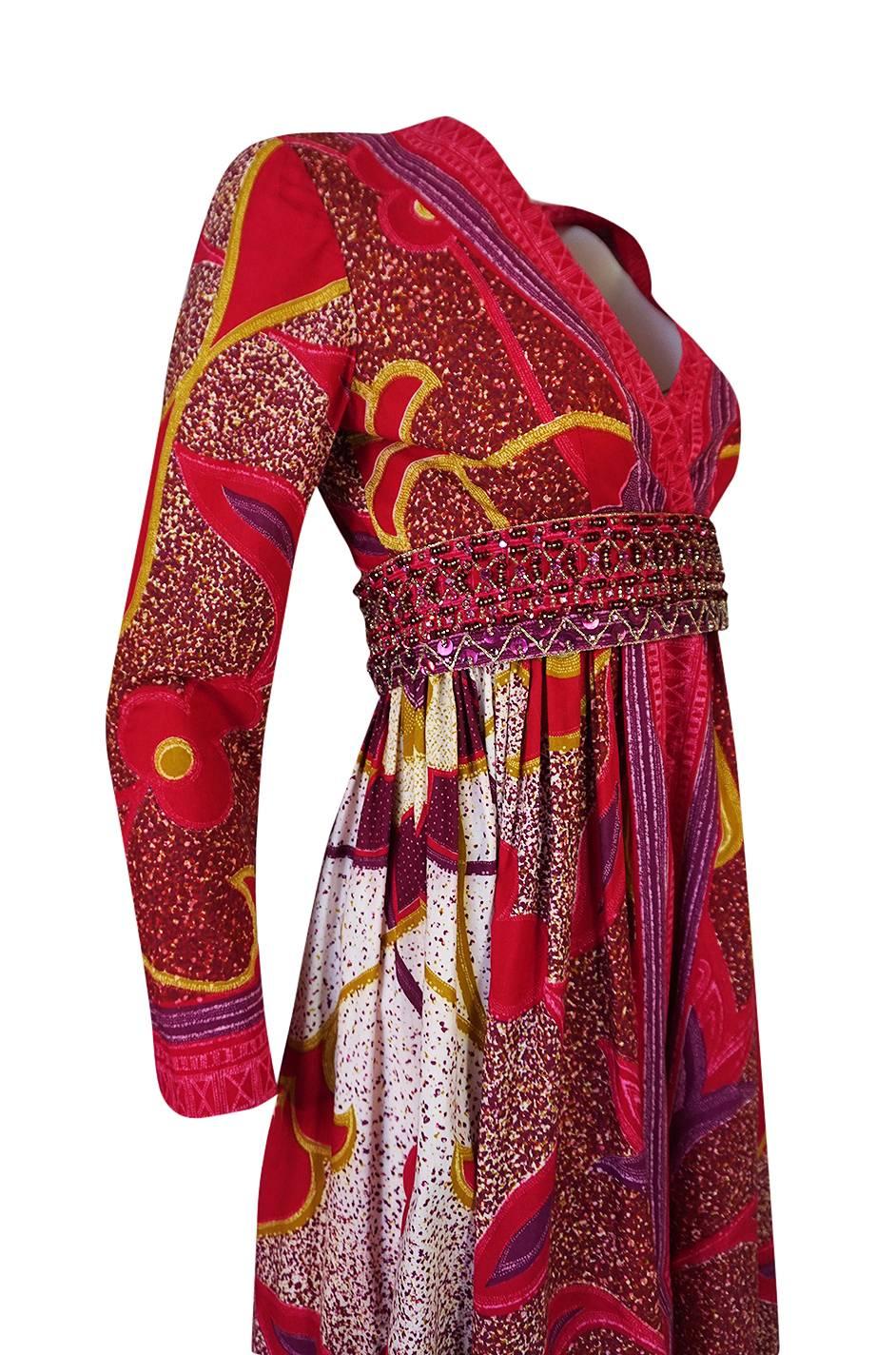 1960s Malcolm Starr Batik Print Dress w Heavily Beaded Belt 1