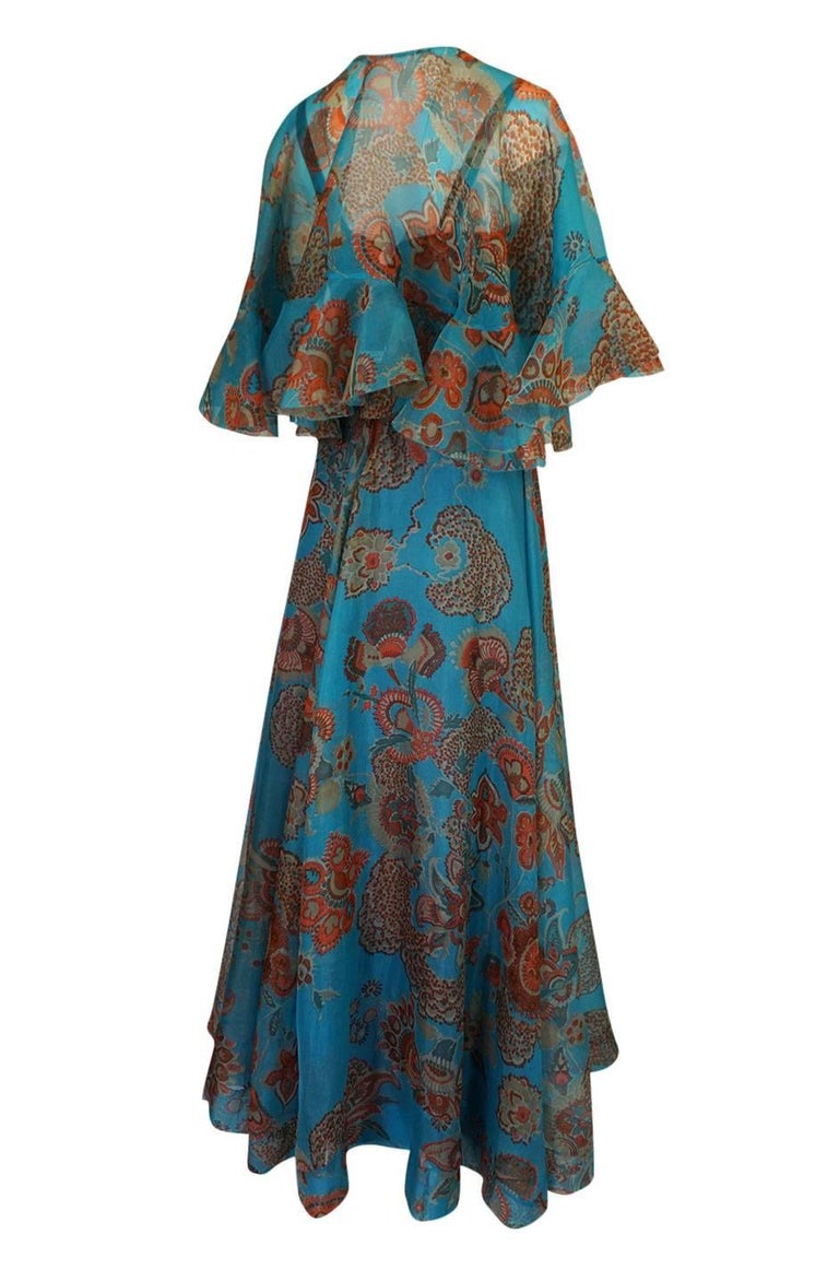 1960s Hardy Amies Printed Blue Silk Voile Dress and Matching Capelet ...