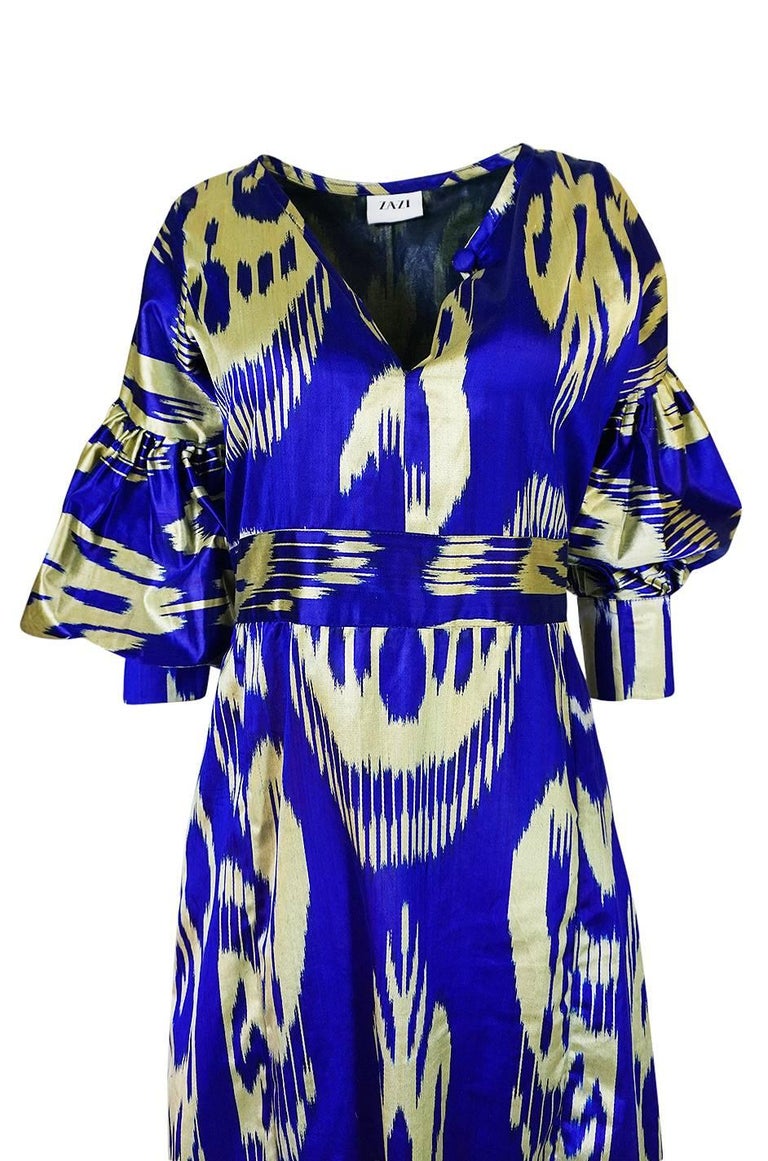 Recent Zazi Handmade Vintage Ikat Silk Blue & Gold Caftan Dress