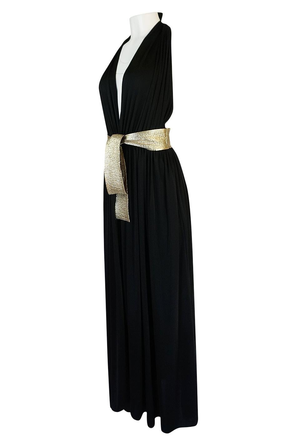 Women's Documented 1980 Bill Tice Plunge Black & Gold Backless Halter Dress