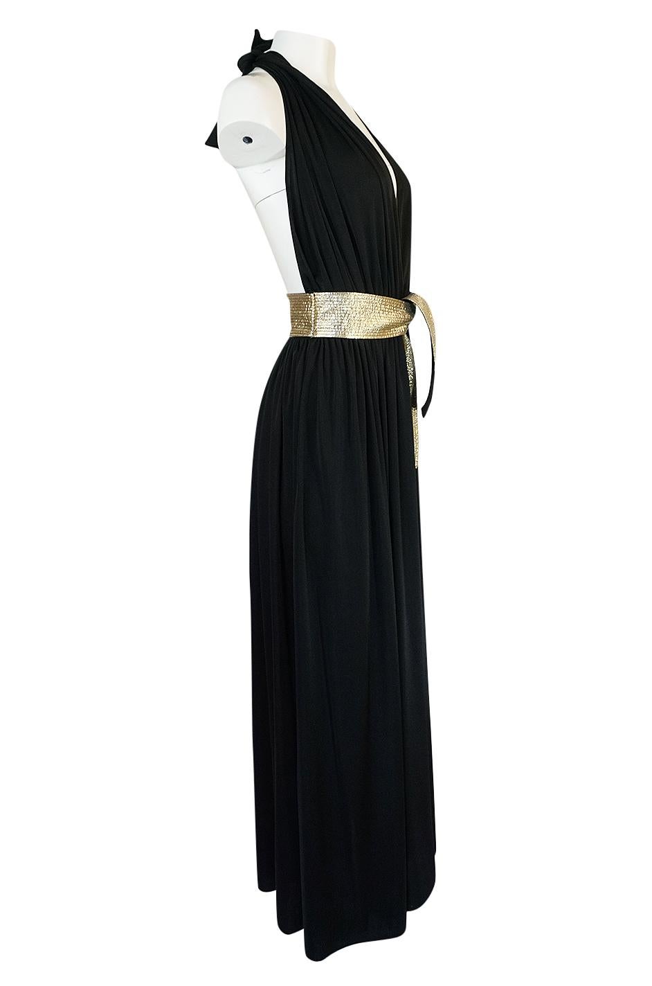 Documented 1980 Bill Tice Plunge Black & Gold Backless Halter Dress In Excellent Condition In Rockwood, ON