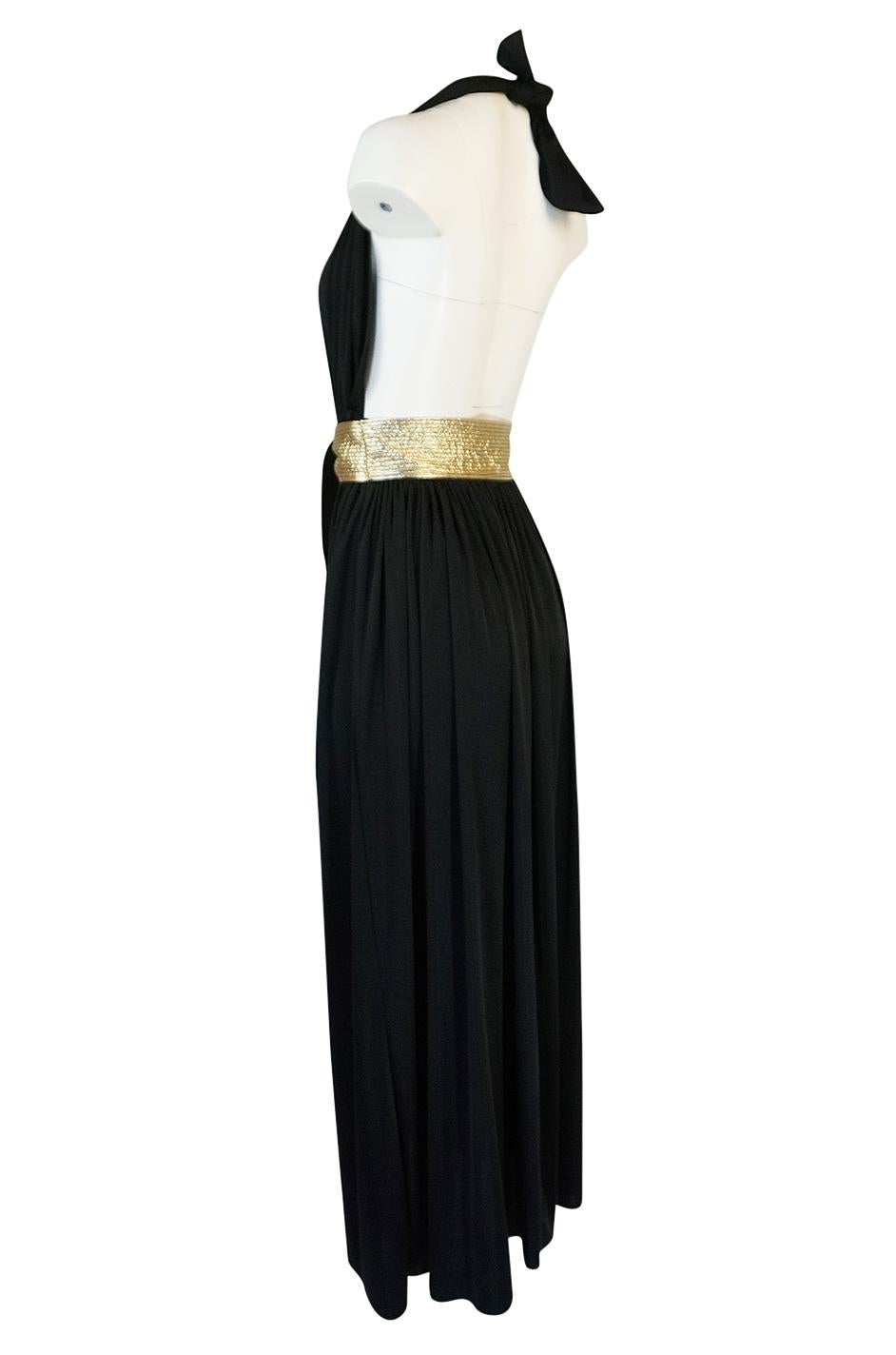 Documented 1980 Bill Tice Plunge Black & Gold Backless Halter Dress 1