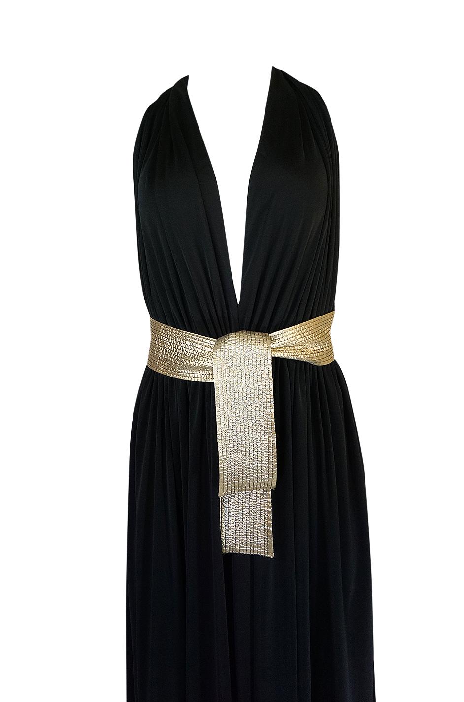 Documented 1980 Bill Tice Plunge Black & Gold Backless Halter Dress 2