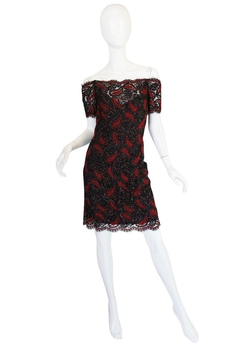 1980s Koos Couture Red Bead and Black Sequin on Silk Net Dress For Sale ...
