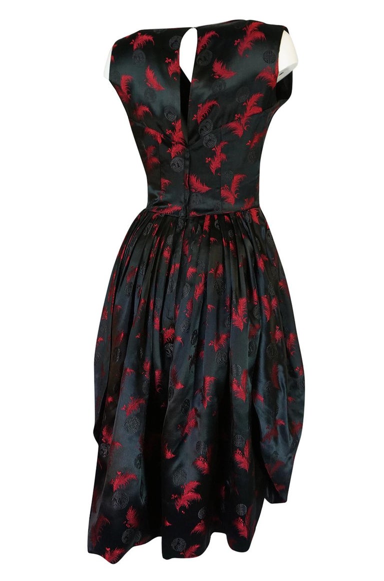 1950s Unlabelled Red and Black Aisian Silk 'Feather' Dress For Sale at ...