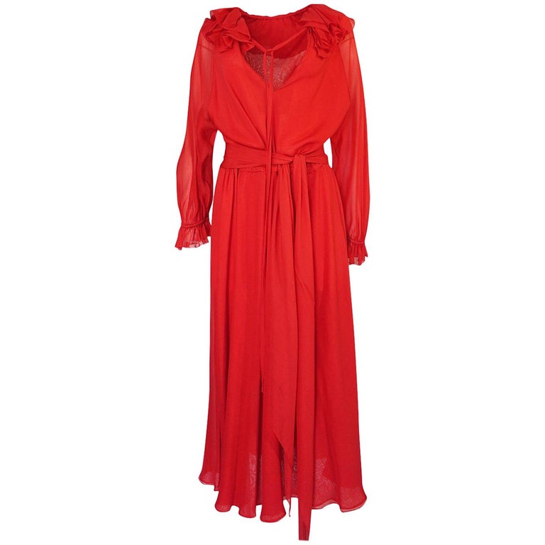 c.1974 Halston Bias Cut Red Silk Chiffon Ruffle Collar and Cuff Dress ...
