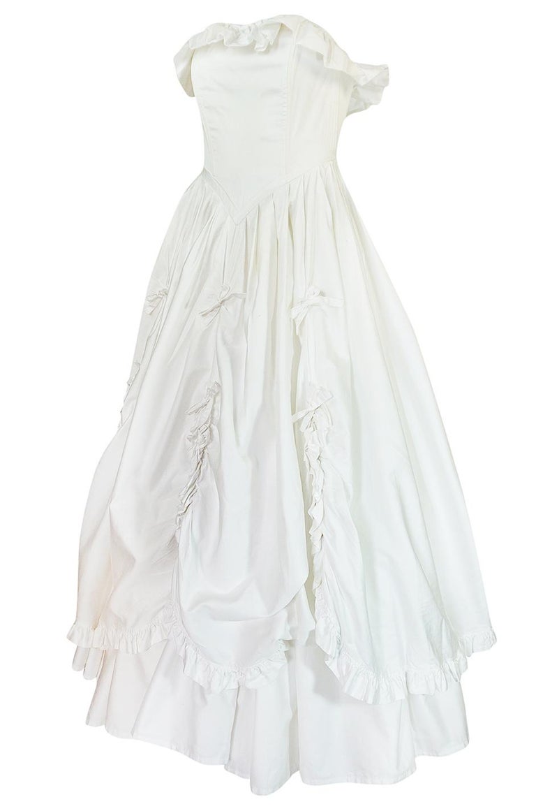 1985 Laura Ashley Crisp White Cotton Strapless Bow Dress at 1stDibs | laura  ashley wedding dresses, prom dresses 1985