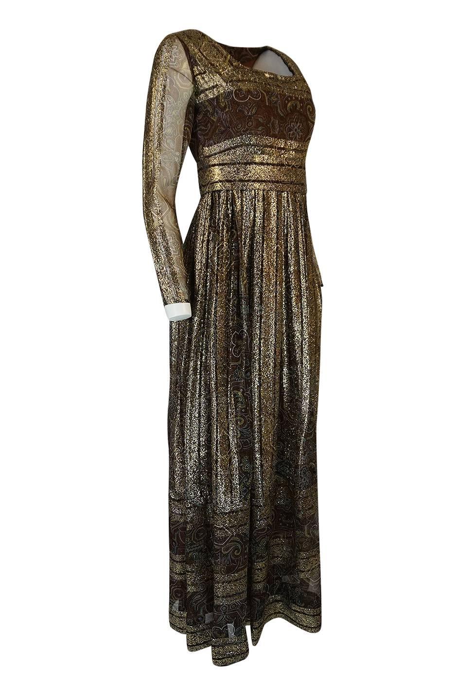 Christian Dior by Marc Bohan Demi-Couture Gold and Printed Silk Dress, c 1968 In Excellent Condition In Rockwood, ON