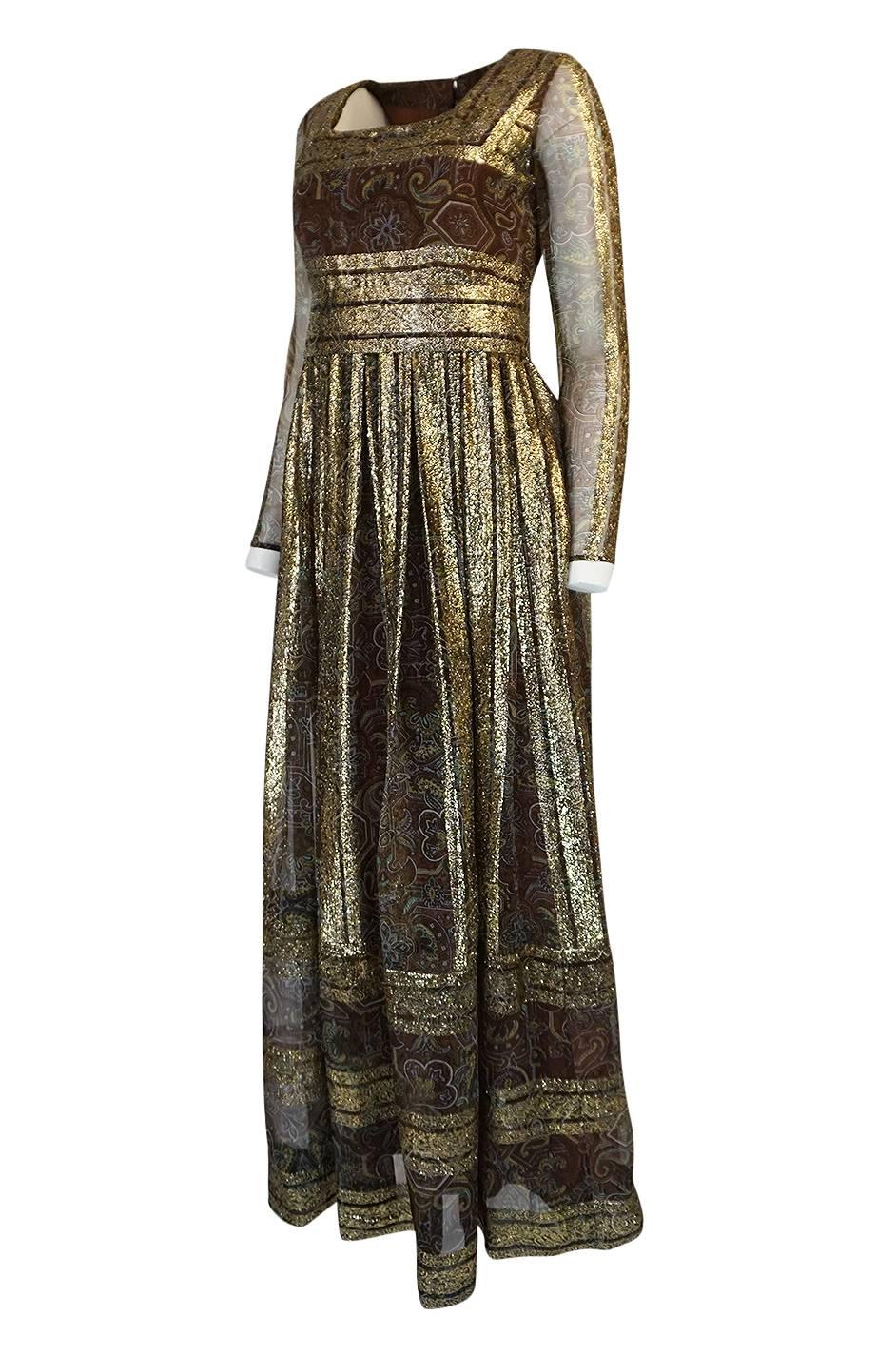 Women's Christian Dior by Marc Bohan Demi-Couture Gold and Printed Silk Dress, c 1968