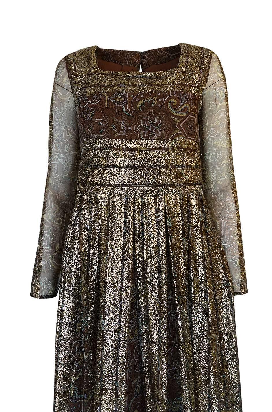 Christian Dior by Marc Bohan Demi-Couture Gold and Printed Silk Dress, c 1968 2