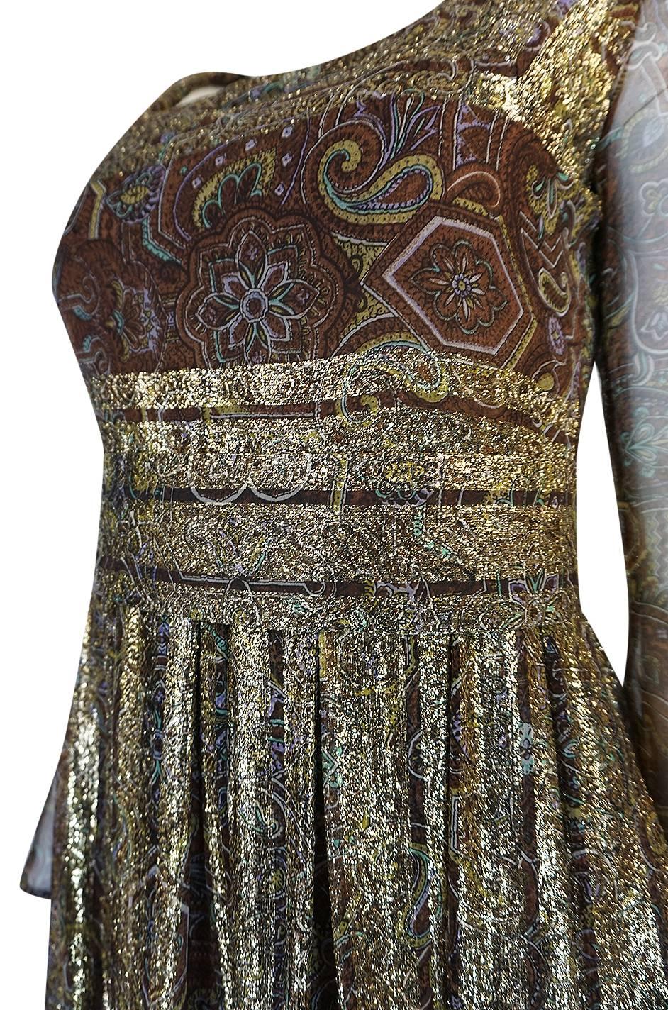 Christian Dior by Marc Bohan Demi-Couture Gold and Printed Silk Dress, c 1968 5