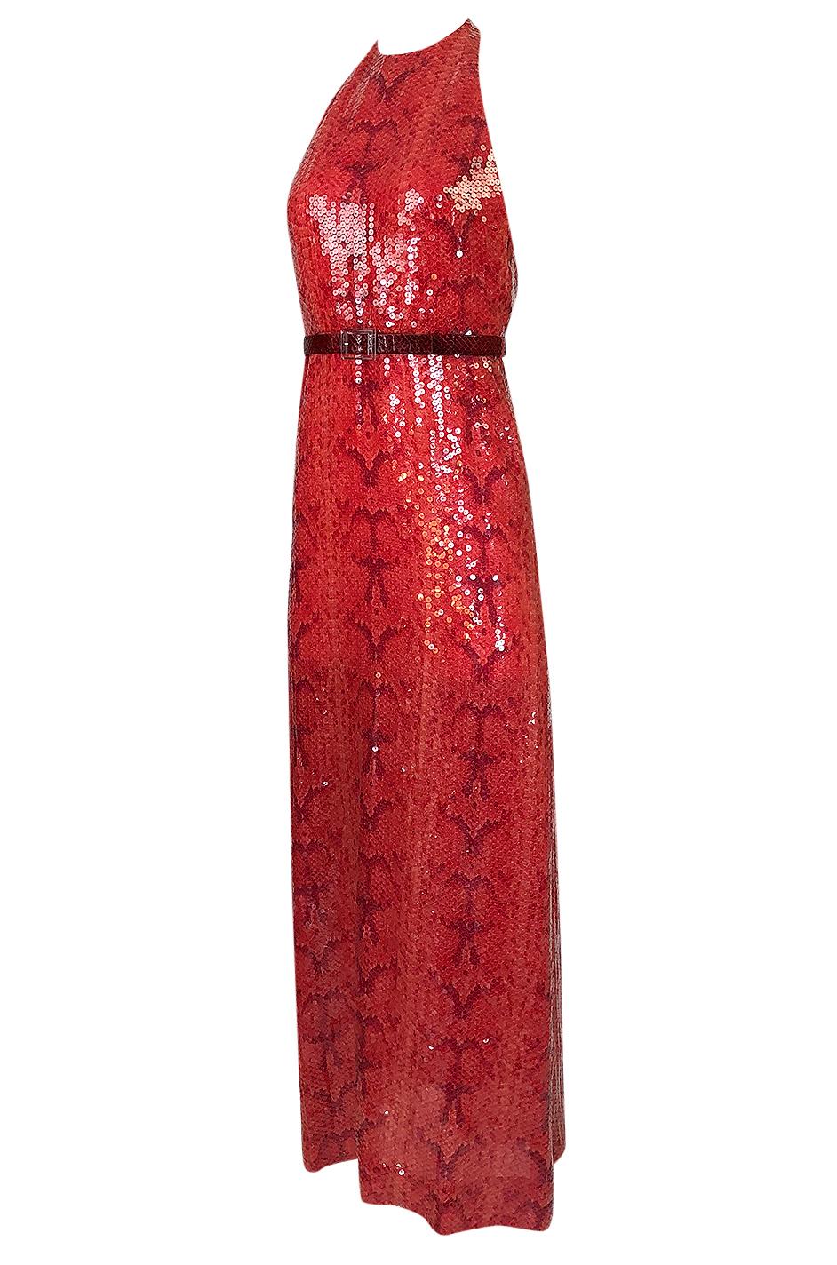 Bill Blass Red Sequin Snakeskin Print Halter Dress, 1974 In Excellent Condition In Rockwood, ON