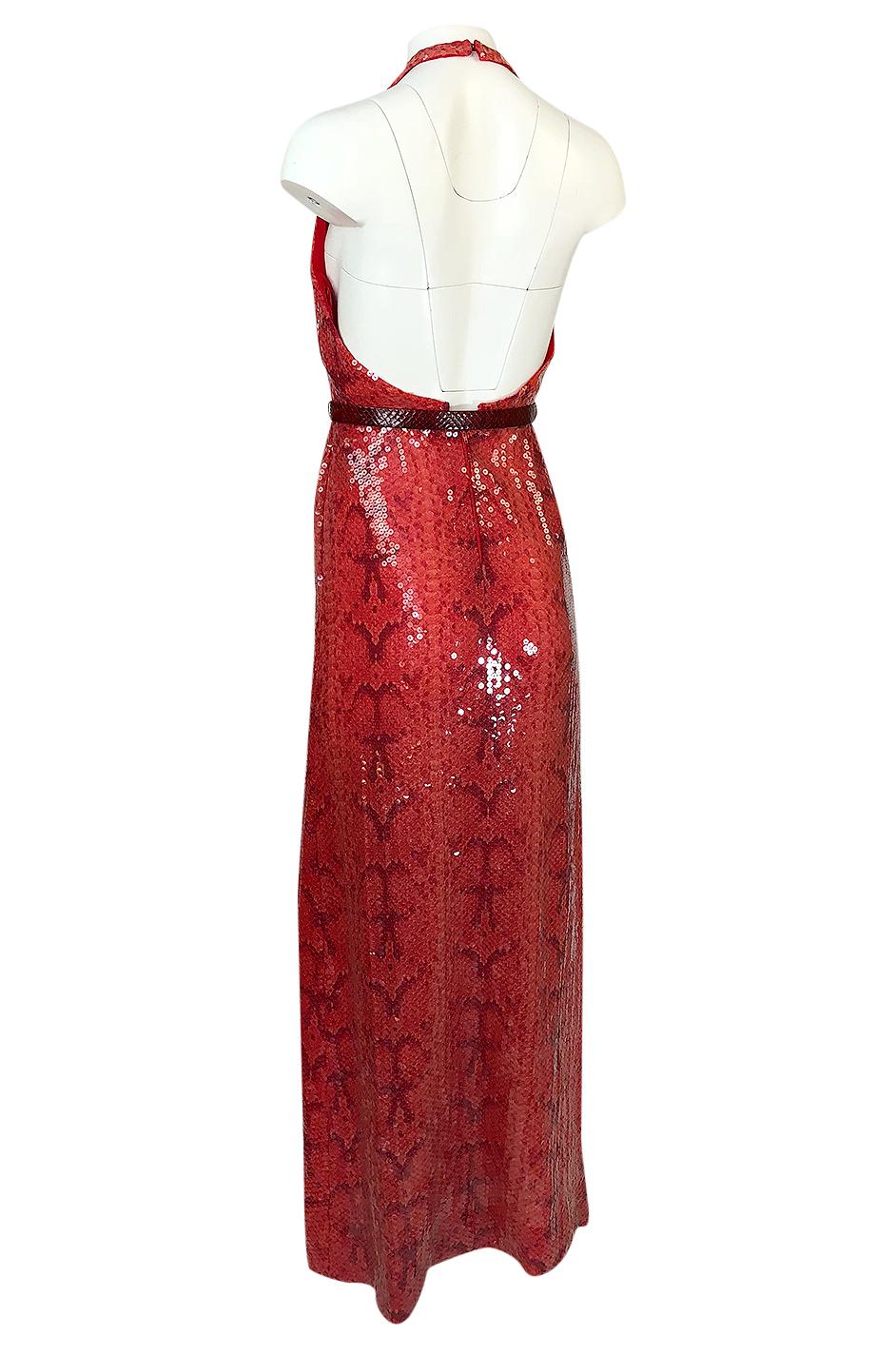 Women's Bill Blass Red Sequin Snakeskin Print Halter Dress, 1974 