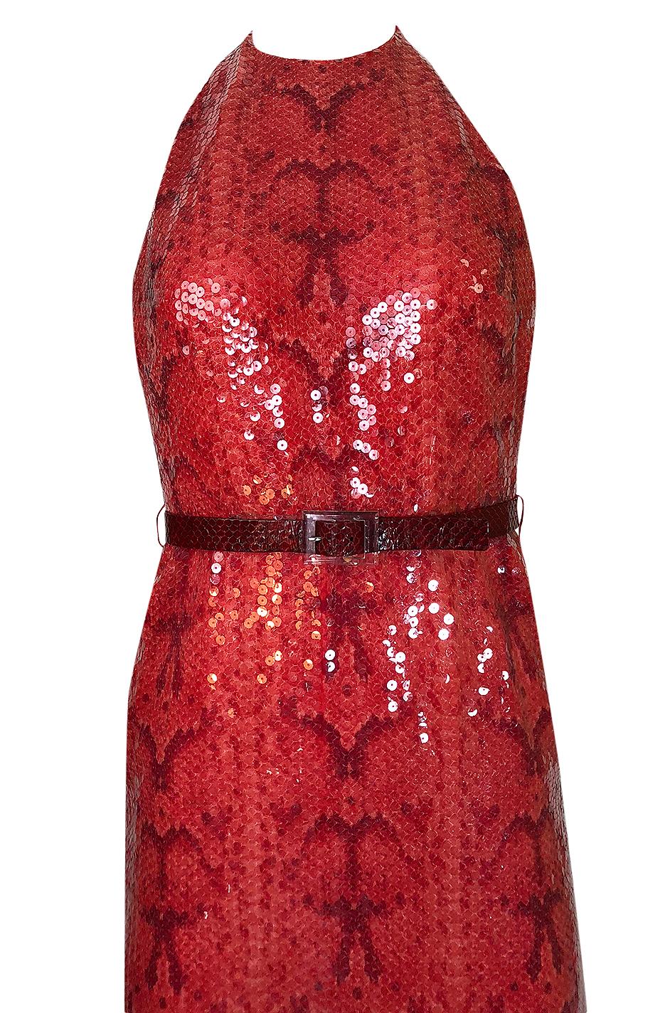 Bill Blass Red Sequin Snakeskin Print Halter Dress, 1974  1
