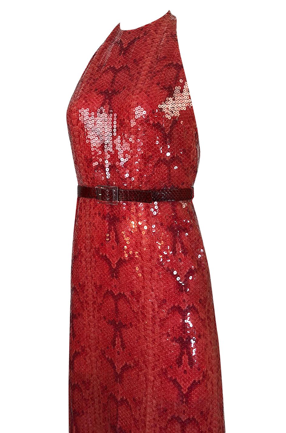 Bill Blass Red Sequin Snakeskin Print Halter Dress, 1974  2