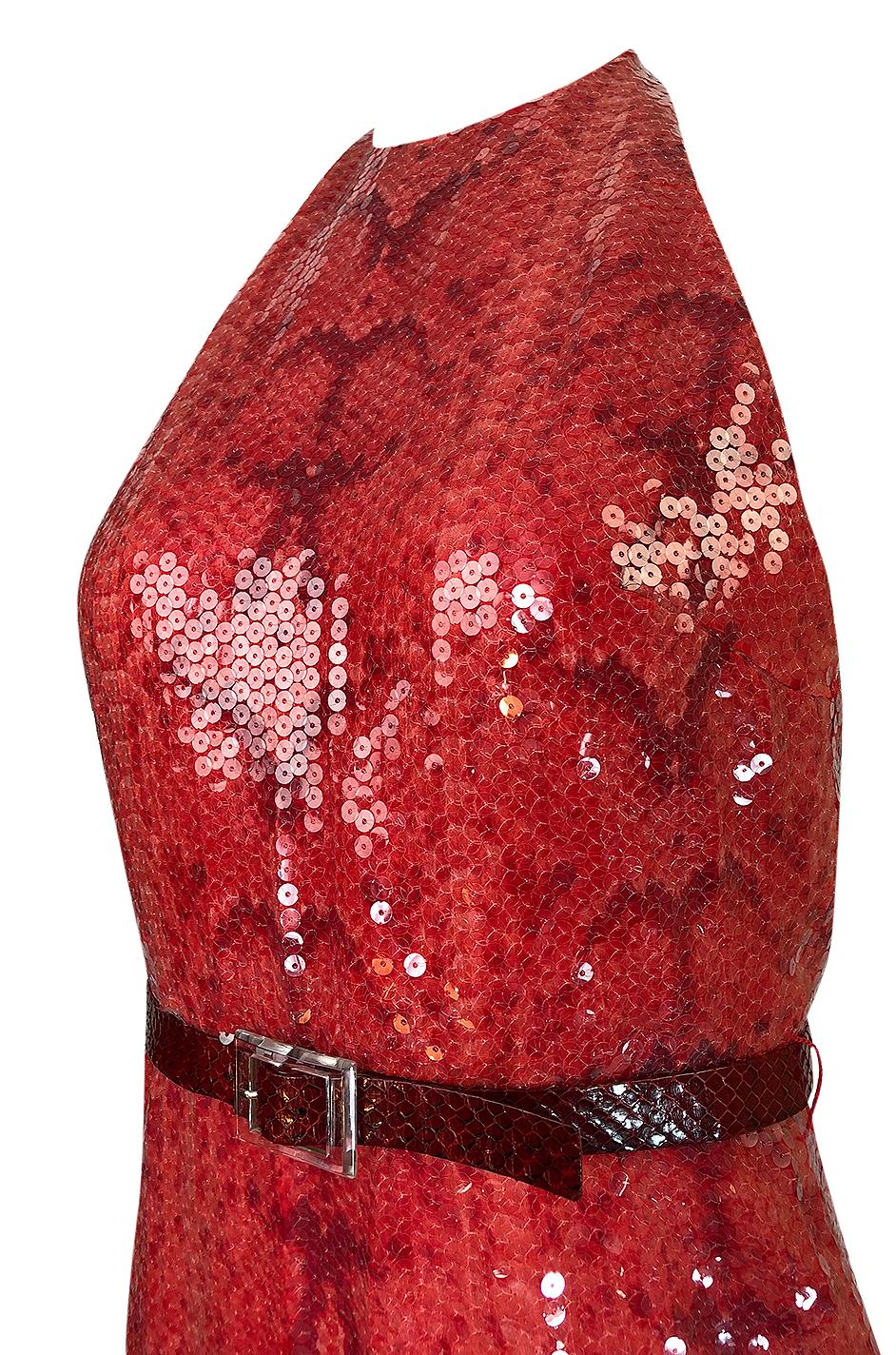 Bill Blass Red Sequin Snakeskin Print Halter Dress, 1974  4