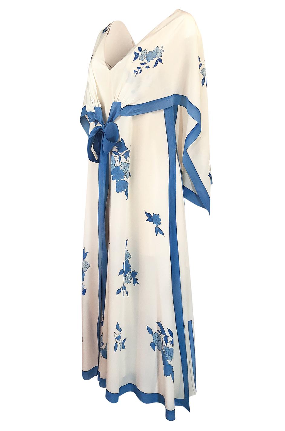 Women's Karl Lagerfeld for Chloe Blue Floral Print Silk Print Dress and Capelet, c 1974