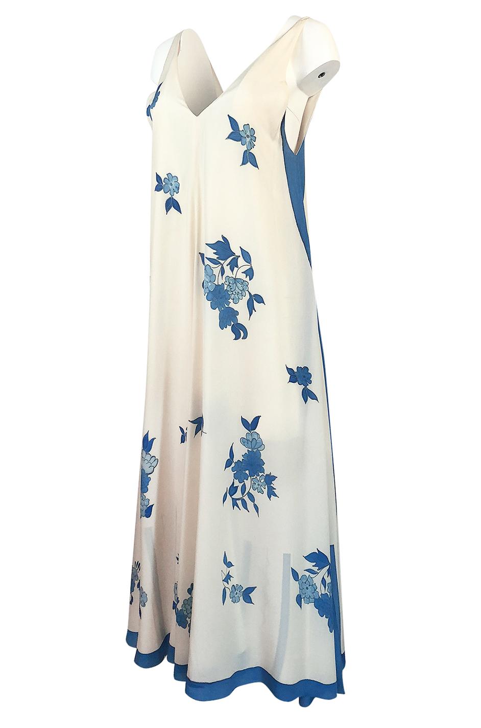 Karl Lagerfeld for Chloe Blue Floral Print Silk Print Dress and Capelet, c 1974 1
