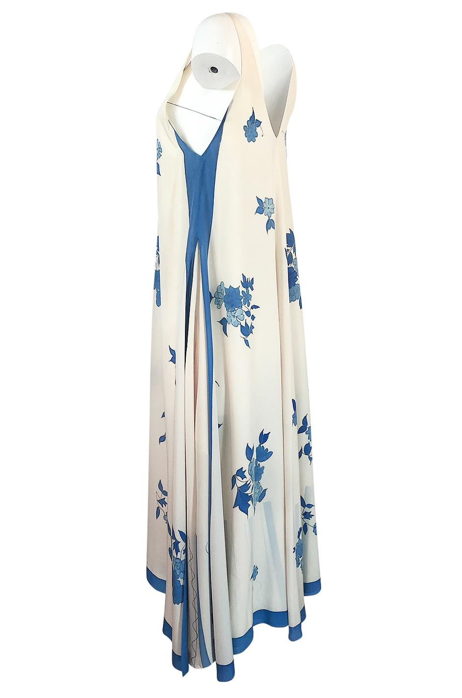 Karl Lagerfeld for Chloe Blue Floral Print Silk Print Dress and Capelet, c 1974 2
