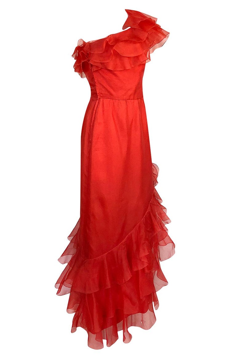 1980s Bellville Sassoon Ruffled Red Chiffon One Shoulder Dress For Sale ...