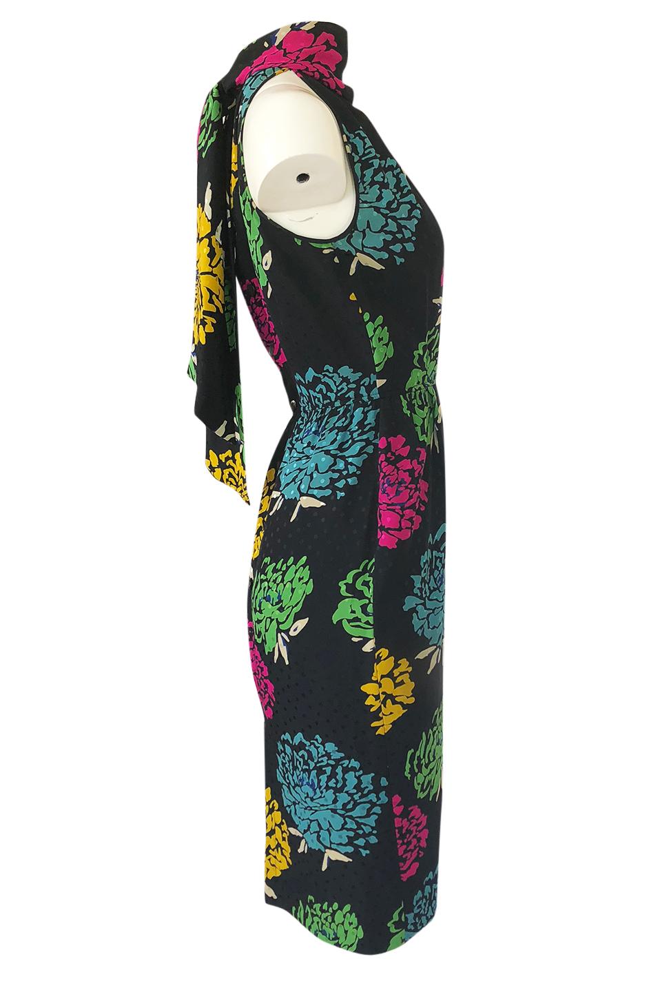 Black 1970s Emanuel Ungaro Multi-Color Floral Silk Print Sleeveless Dress