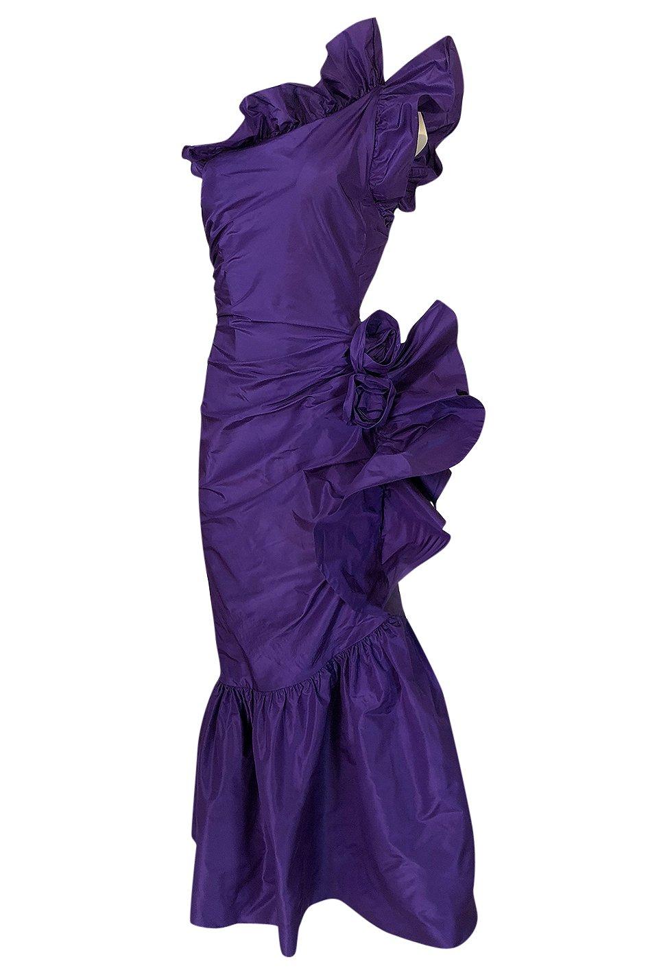 Spring 1982 Unlabeled Givenchy One Shoulder Purple Silk Dress In Excellent Condition In Rockwood, ON