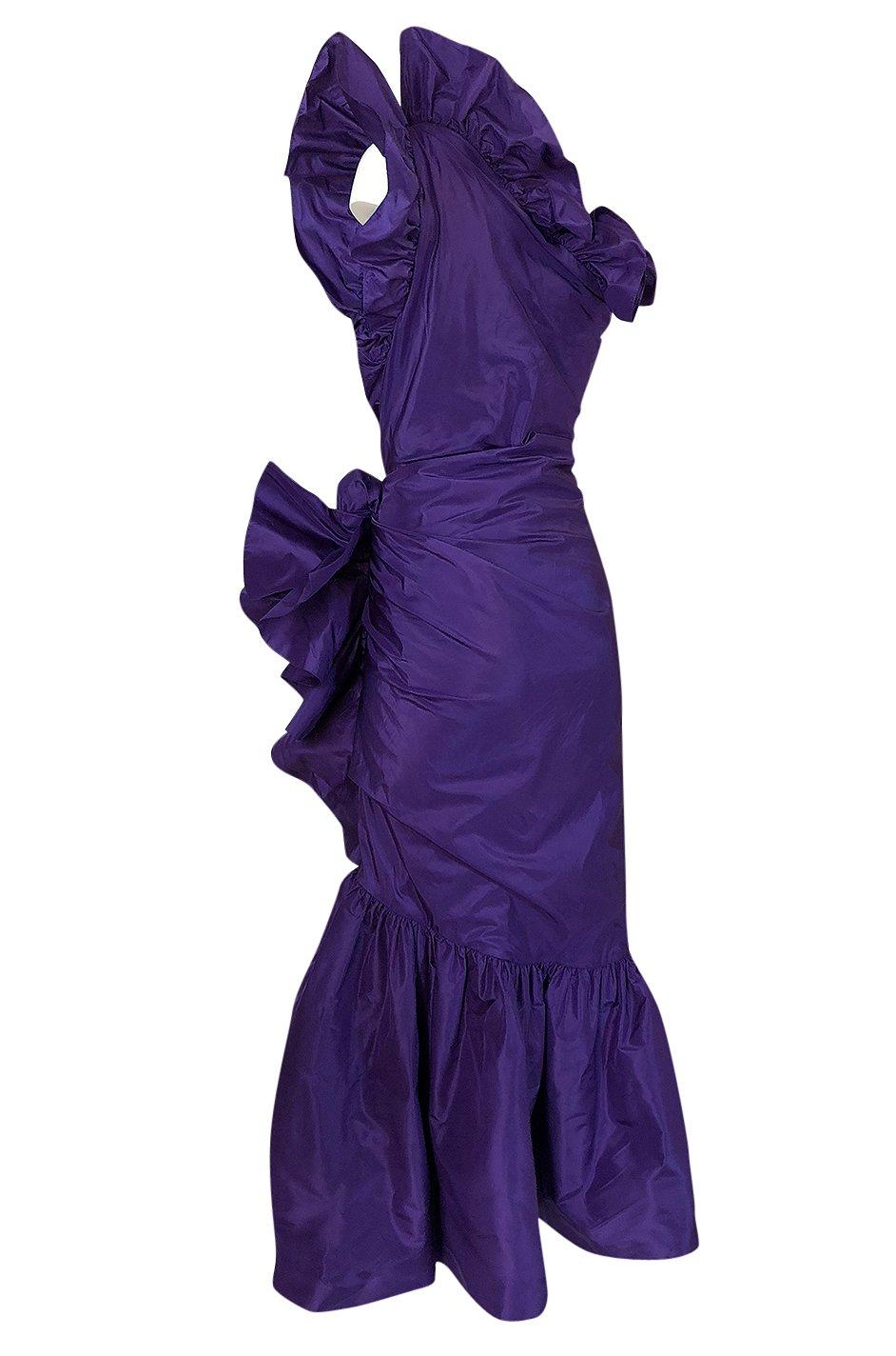Women's Spring 1982 Unlabeled Givenchy One Shoulder Purple Silk Dress