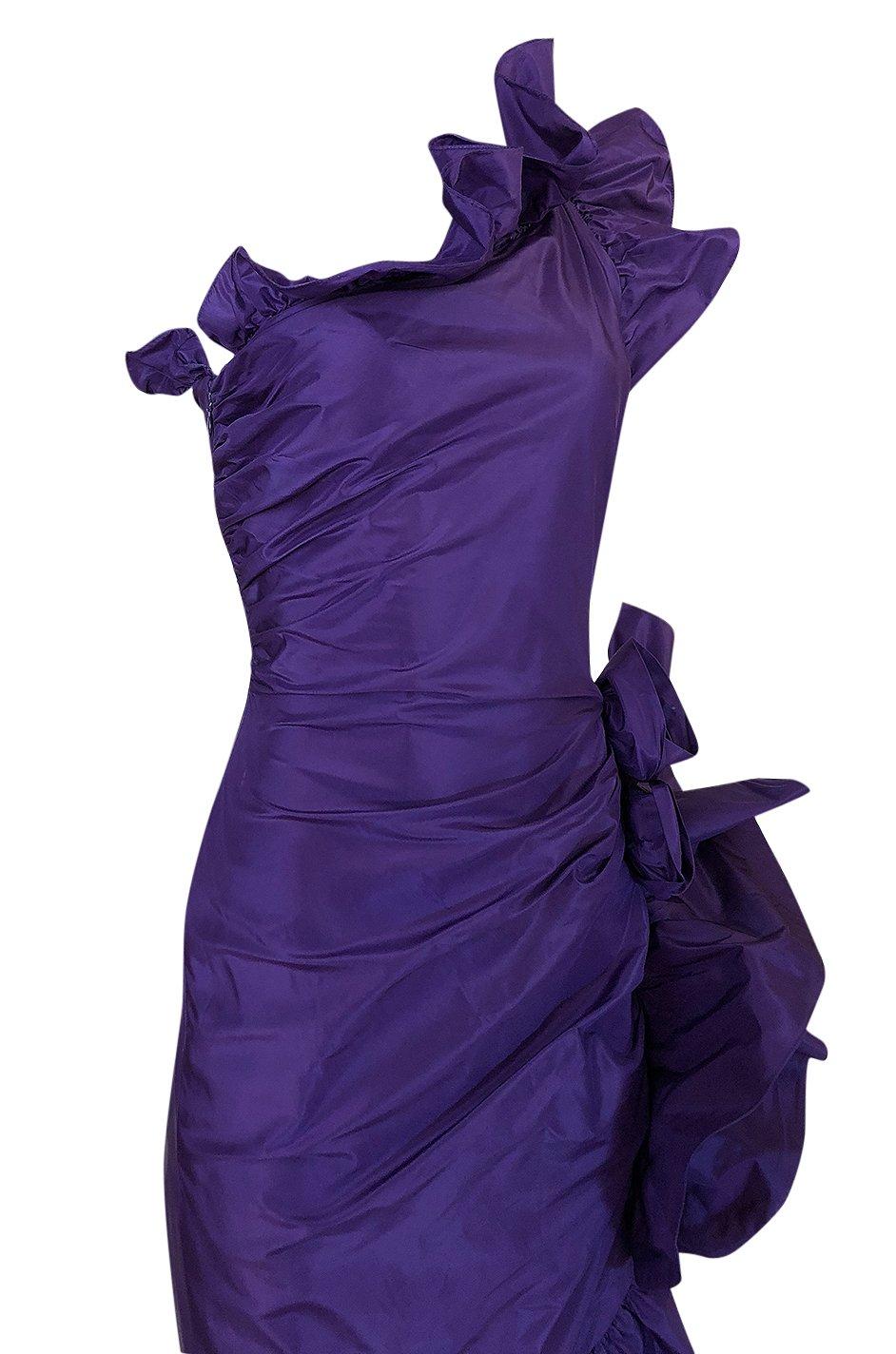 Spring 1982 Unlabeled Givenchy One Shoulder Purple Silk Dress 1