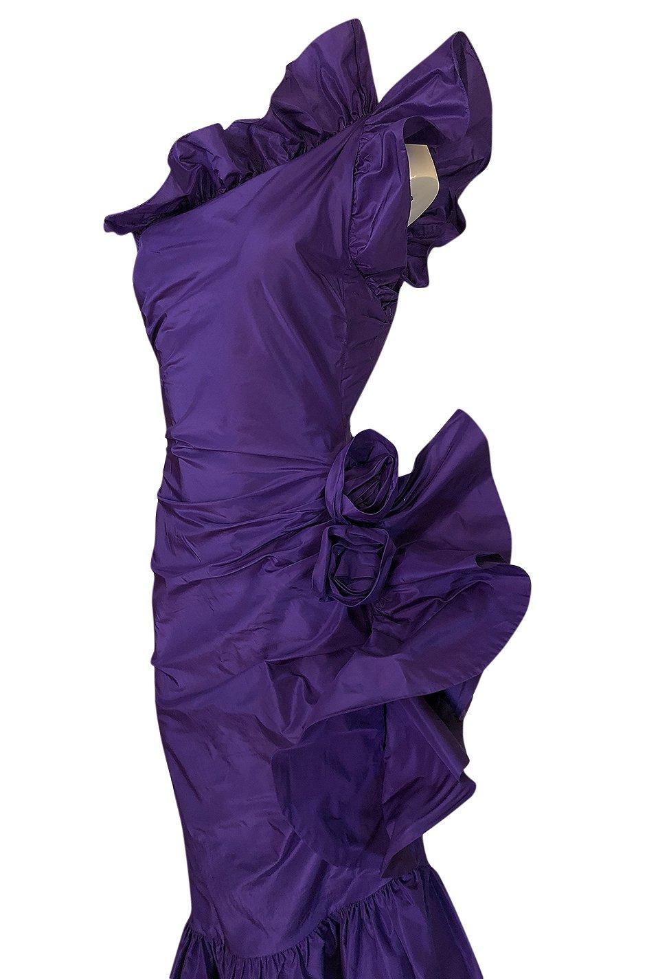 Spring 1982 Unlabeled Givenchy One Shoulder Purple Silk Dress 2