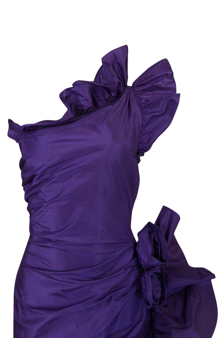 Spring 1982 Unlabeled Givenchy One Shoulder Purple Silk Dress 3