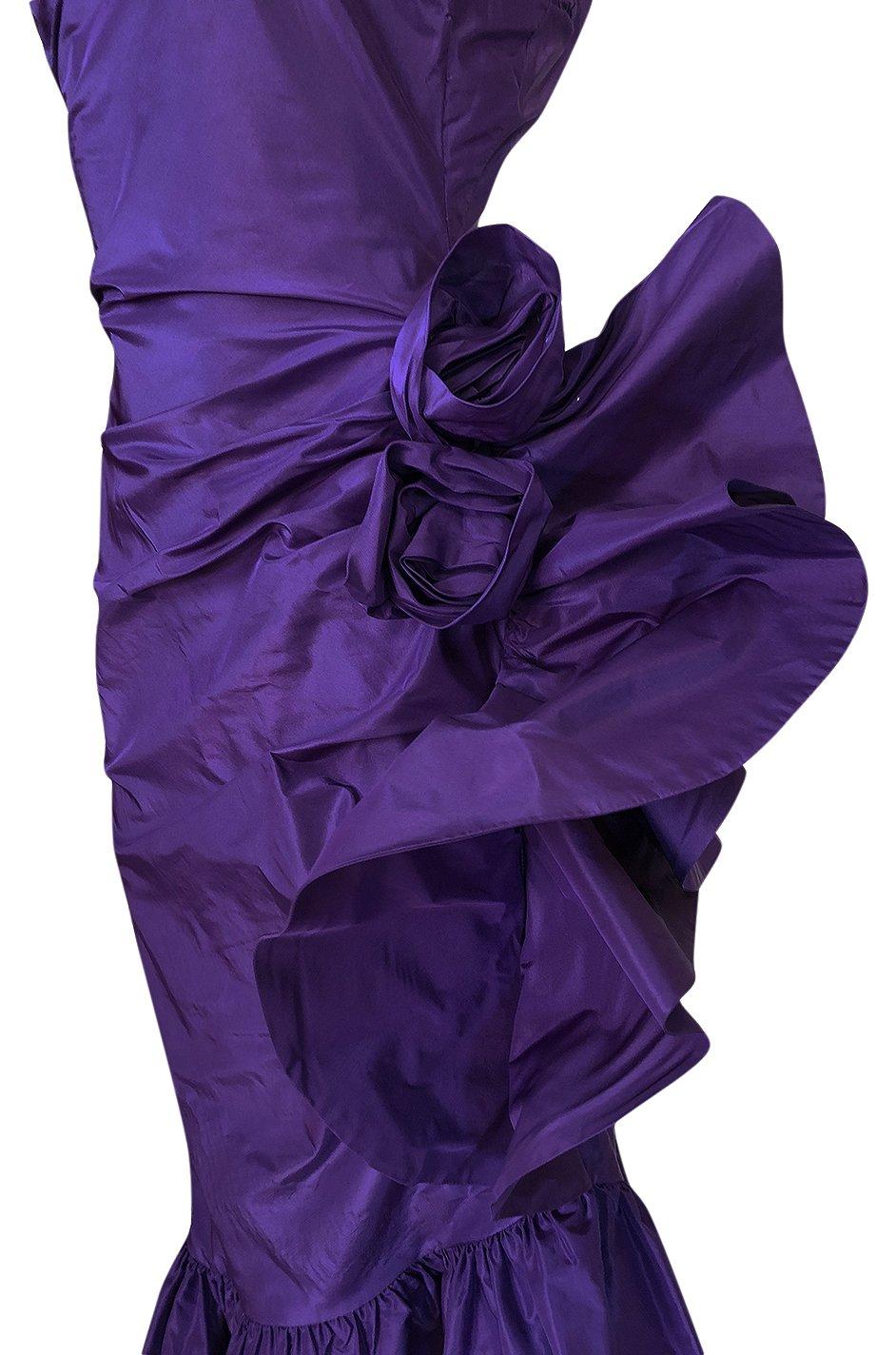 Spring 1982 Unlabeled Givenchy One Shoulder Purple Silk Dress 4