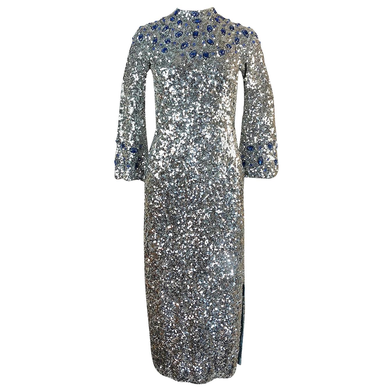 c.1967 Gene Shelly Blue Crystal and Silver Sequin Stretch Knit Dress at ...