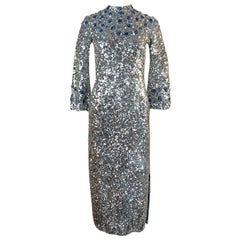 Retro c.1967 Gene Shelly Blue Crystal & Silver Sequin Stretch Knit Dress