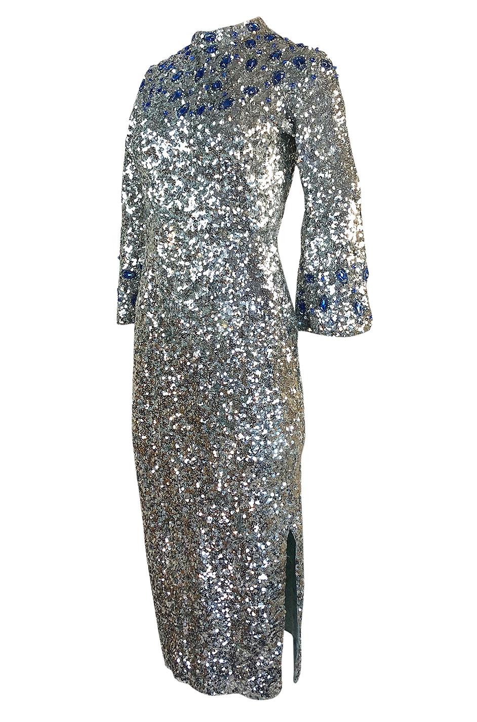c.1967 Gene Shelly Blue Crystal & Silver Sequin Stretch Knit Dress In Excellent Condition In Rockwood, ON