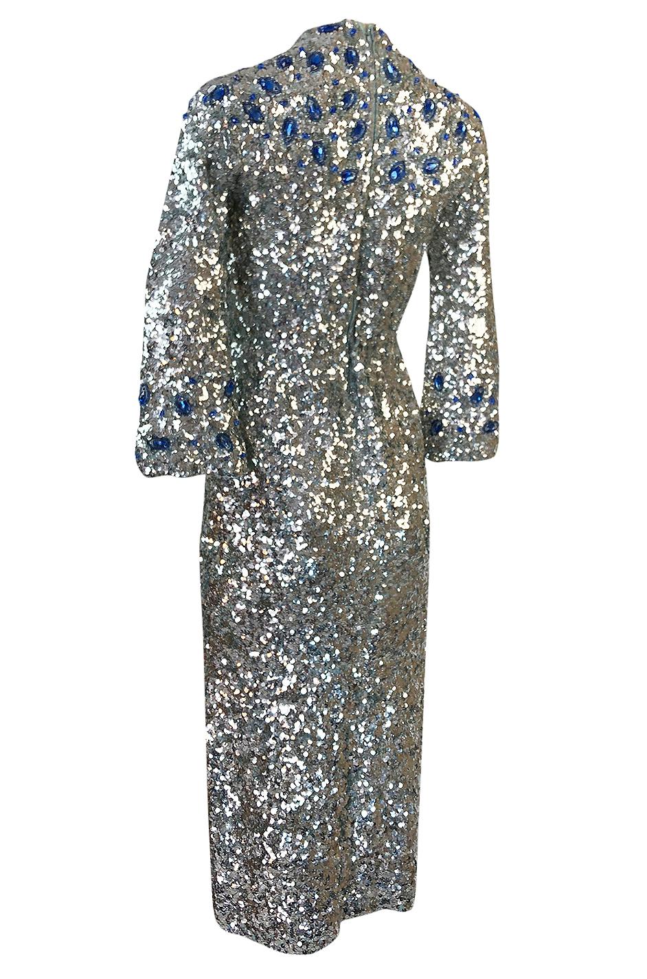Women's c.1967 Gene Shelly Blue Crystal & Silver Sequin Stretch Knit Dress