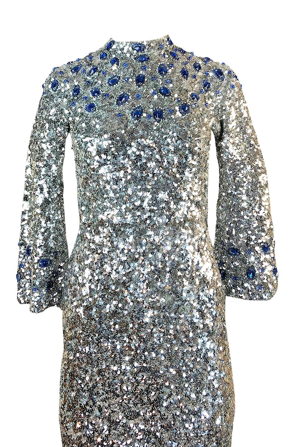 c.1967 Gene Shelly Blue Crystal & Silver Sequin Stretch Knit Dress 1