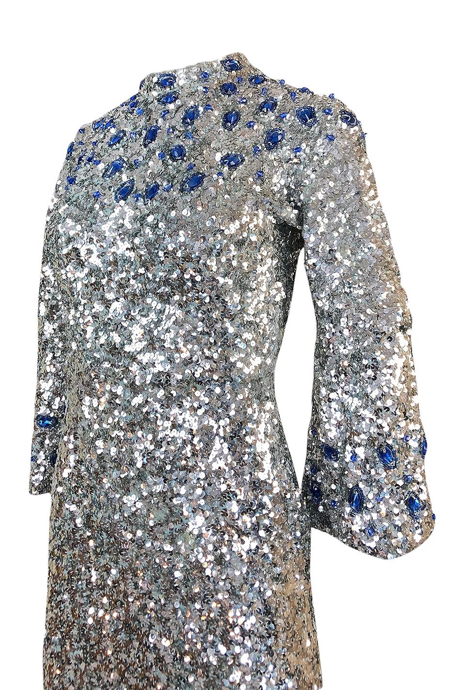 c.1967 Gene Shelly Blue Crystal & Silver Sequin Stretch Knit Dress 2