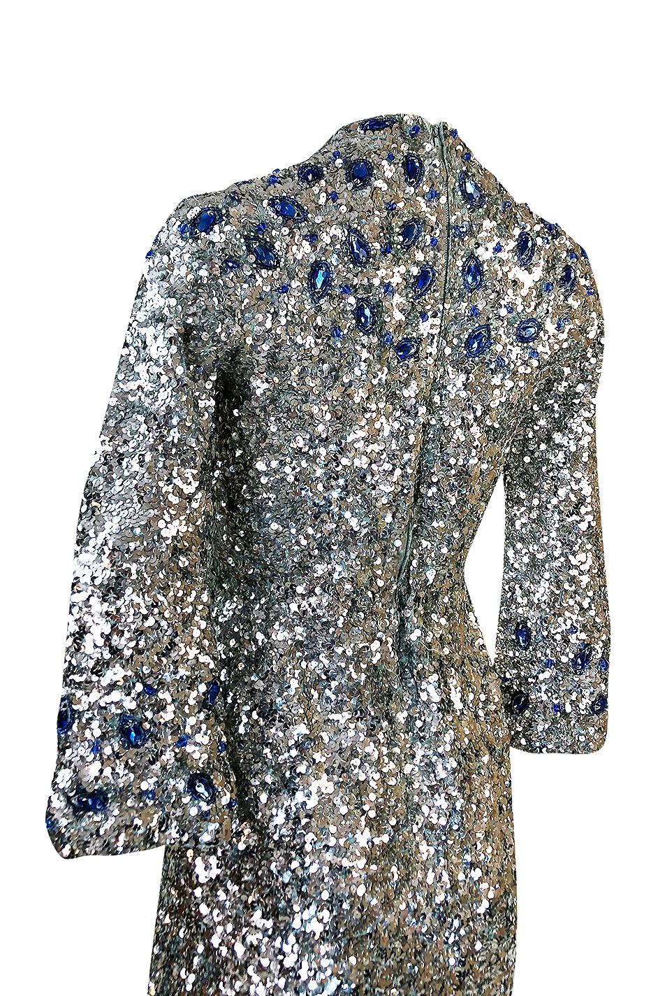 c.1967 Gene Shelly Blue Crystal & Silver Sequin Stretch Knit Dress 3