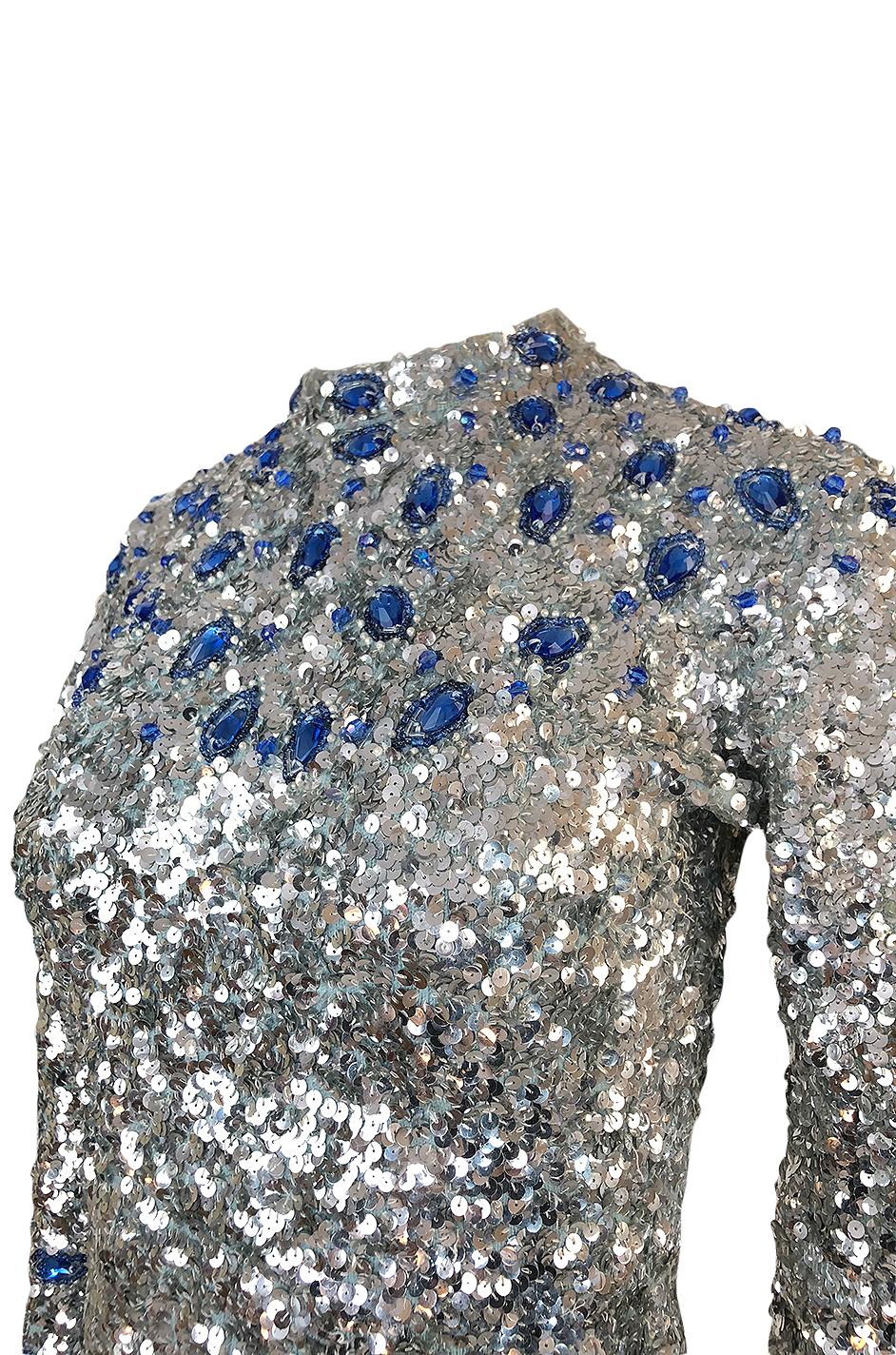 c.1967 Gene Shelly Blue Crystal & Silver Sequin Stretch Knit Dress 4