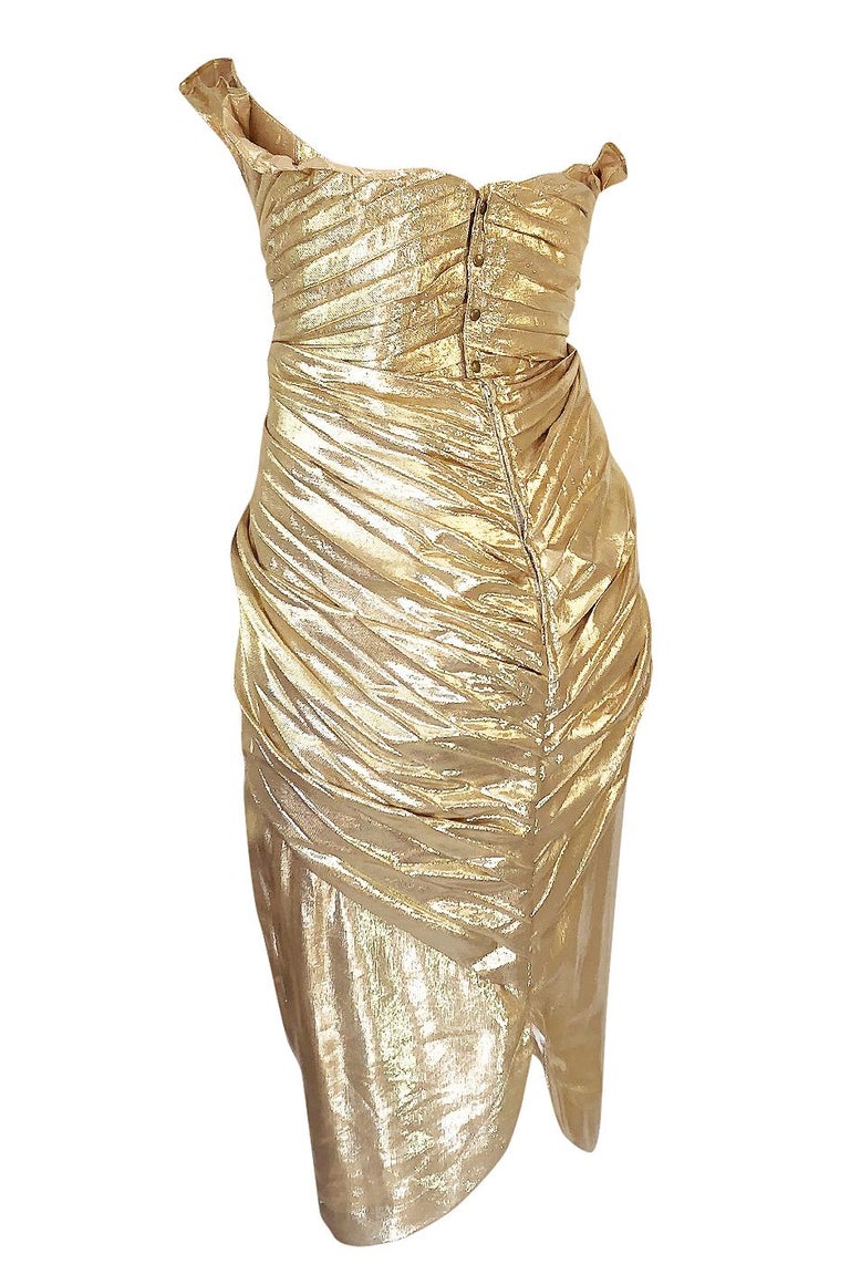 S/S 1985 Thierry Mugler Iconic Pleated Gold Lurex 'Shell' Dress For ...