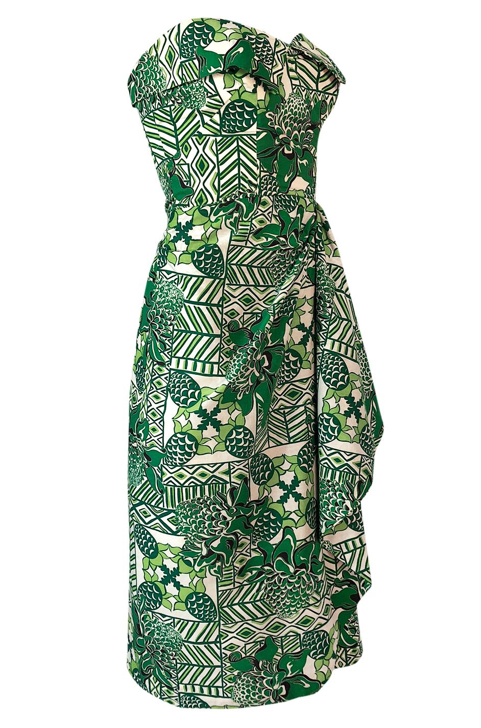 Black 1950s Unlabeled Cotton Hawaiian Green Floral & Pineapple Print Dress