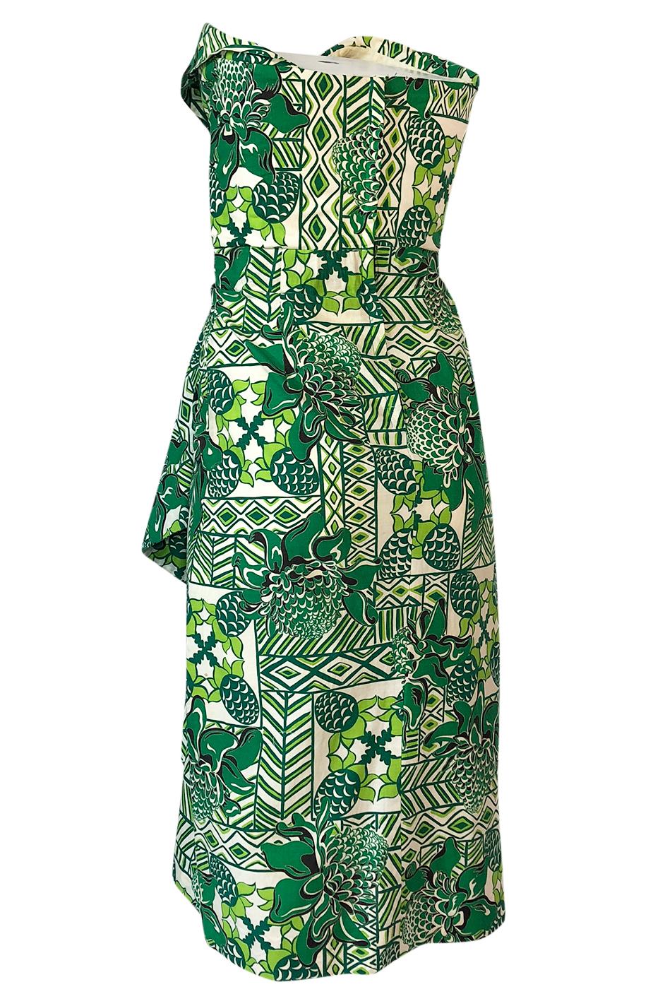 Women's 1950s Unlabeled Cotton Hawaiian Green Floral & Pineapple Print Dress