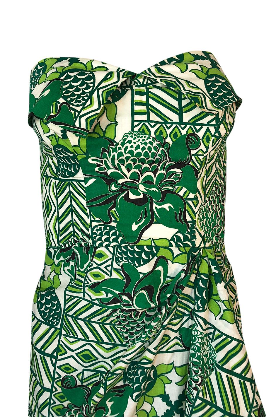 1950s Unlabeled Cotton Hawaiian Green Floral & Pineapple Print Dress 1