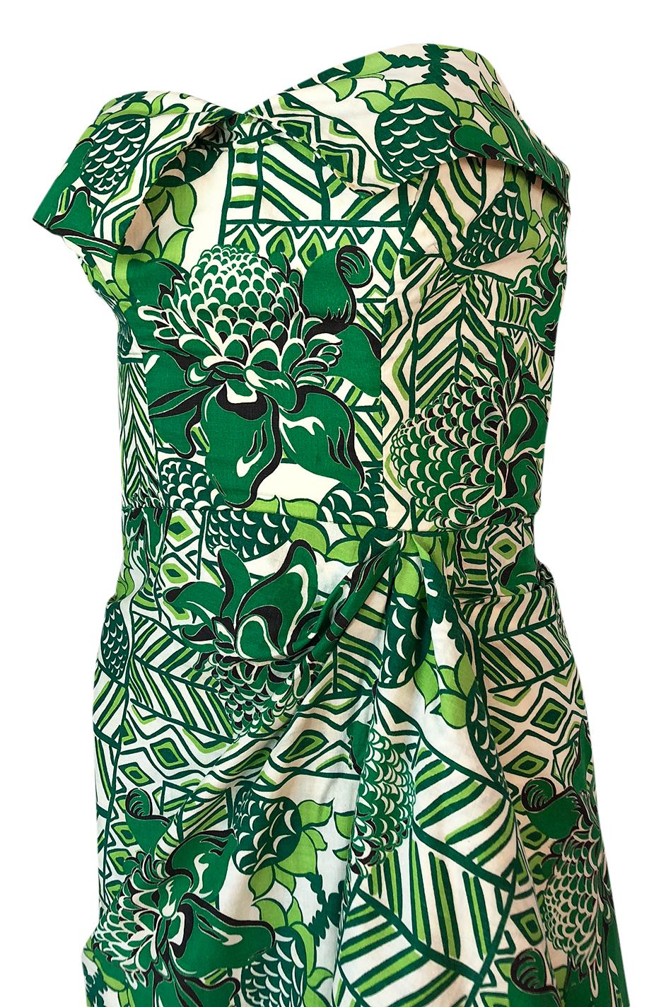 1950s Unlabeled Cotton Hawaiian Green Floral & Pineapple Print Dress 2
