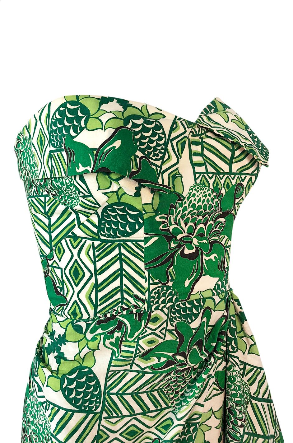 1950s Unlabeled Cotton Hawaiian Green Floral & Pineapple Print Dress 3