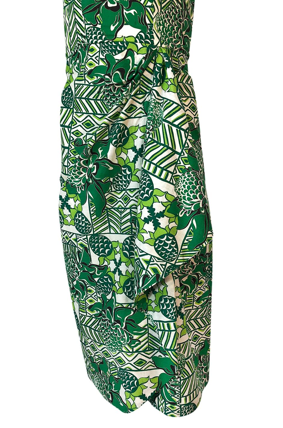 1950s Unlabeled Cotton Hawaiian Green Floral & Pineapple Print Dress 4